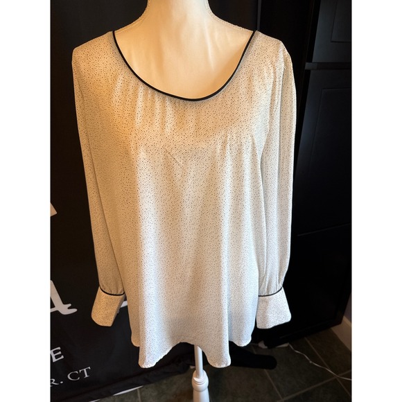 LOFT Tops - Loft Womens XXL White Black Micro Polka Dot Long Sleeve Blouse Scoop Neck Top